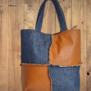 Custom Handmade Tan Goat Skin an Denim Tote bag,